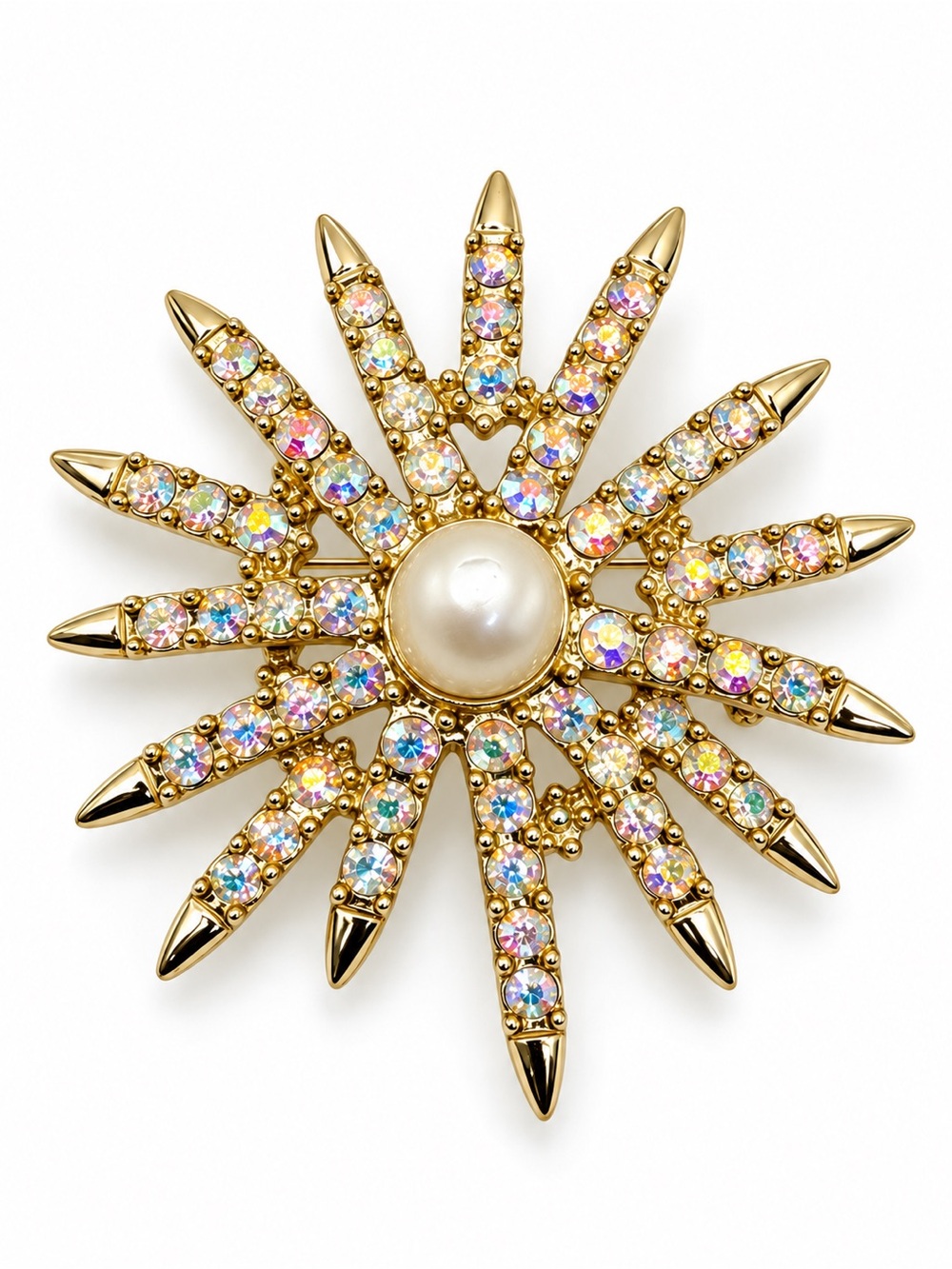 Vintage Signed Emmons Sunburst Brooch – Aurora Borealis Rhinestones & Faux Pearl
